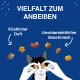 Eine verspielte schwarz-weiße Katze hält sternförmige Leckerlis. Text: "VIelfalt zum Anbeissen" mit Pfeilen zu "Köstlicher Duft" und "Unwiderstehlicher Geschmack."