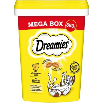 Żółty pojemnik oznaczony "Dreamies Mega Box" z rysunkowym kotem, zawierający 350 g kremowych przysmaków dla kotów z serem.