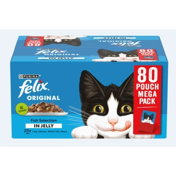 Purina Felix Original Fish Selection in Jelly, 80 pouch mega pack, featuring a playful black and white cat on the packaging.