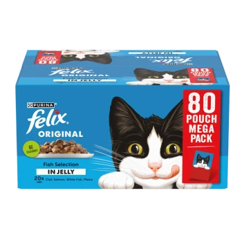 Purina Felix Original Fish Selection in Jelly, 80 pouch mega pack, featuring a playful black and white cat on the packaging.