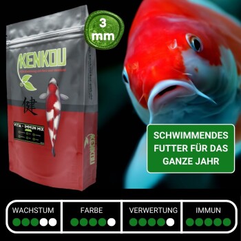 Kenkou Vita-Immune Mix Fischfutterbeutel, mit der Aufschrift "3 mm," mit einem bunten Koi-Fisch und Bewertungen für Wachstum, Farbe, Nutzung und Immunität.