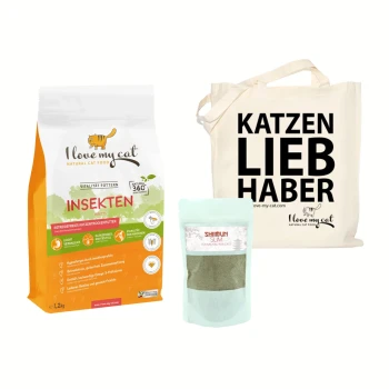 Tüte mit natürlichem Katzenfutter, beschriftet mit "Ich liebe meine Katze", insektbasierte Formel, grüner Ergänzungsbeutel "SHIIMUN SLIM" und Tragetasche "KATZEN LIEB HABER."