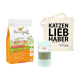 Tüte mit natürlichem Katzenfutter, beschriftet mit "Ich liebe meine Katze", insektbasierte Formel, grüner Ergänzungsbeutel "SHIIMUN SLIM" und Tragetasche "KATZEN LIEB HABER."