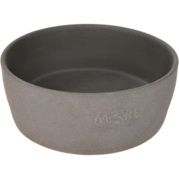 Gray pet food bowl with a textured surface, featuring the text "MORE FOR CATS & DOGS" embossed on the side.