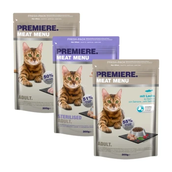 Probierpaket 3x300g Drei 300g Beutel von PREMIERE MEAT MENU Katzenfutter: 'ERWACHSEN' (50% Fleisch), 'STERILISIERTER ERWACHSENER' (51% Fleisch) und 'mit Lachs' (55% Fleisch).
