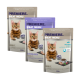 Trois sachets de 300 g de nourriture pour chats PREMIERE MEAT MENU : 'ADULT' (50 % de viande), 'STERILISED ADULT' (51 % de viande) et 'mit Lachs' (55 % de viande).