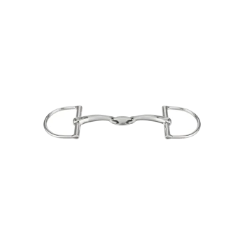 Ein glänzendes Edelstahl-Pferdegebiss mit einem doppelt gelenkigen Design und zwei Ringen an jedem Ende, vor einem weißen Hintergrund präsentiert.