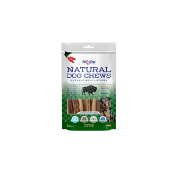 Verpackung von Natural Dog Chews Buffalo Bully Sticks mit grün-weißen Design, mit Text, der "100% Lecker, sanft getrocknet" hervorhebt.