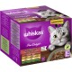 Whiskas Pure Delight Katzenfutterbox mit einer grauen getigerten Katze und einer Schüssel mit Nassfutter. Der Text enthält "Vorratspack" und Geschmacksrichtungen in mehreren Sprachen.