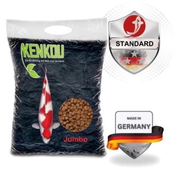 Kenkou Koi Futterbeutel mit einer roten und weißen Koi-Fischillustration, beschriftet mit "Jumbo", mit Abzeichen, die "Standard" und "Hergestellt in Deutschland" angeben.