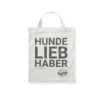 Weiße Tragetasche mit fettem schwarzen Text, der "HUNDE LIEB HABER" liest, und einem runden Logo mit "BELLFOR" und einem Websitelink am unteren Rand.