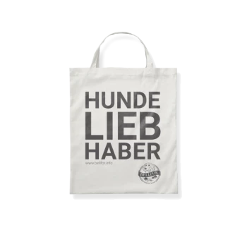 Weiße Tragetasche mit fettem schwarzen Text, der "HUNDE LIEB HABER" liest, und einem runden Logo mit "BELLFOR" und einem Websitelink am unteren Rand.