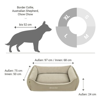 Maße und Größenleitfaden für Hundebetten für Rassen wie Border Collie und Chow Chow; externe Größe 97 cm, interne Größe 68 cm.