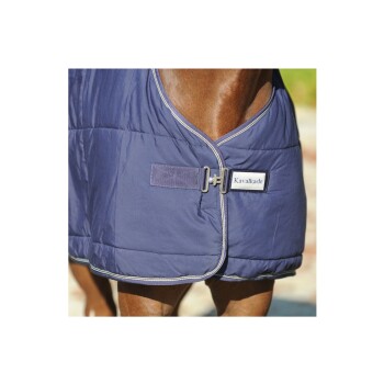 Nahaufnahme eines braunen Pferdes, das eine marineblaue gepolsterte Decke mit einer silbernen Schnalle und einem 'Kavalkade'-Label trägt.