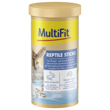 MultiFit Reptilien-Sticks für Schildkröten und Wasserschildkröten, leicht verdaulich, unterstützt gesunde Panzer und Knochen, mit Schildkrötenbild.