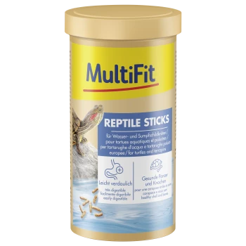 MultiFit Reptilien-Sticks für Schildkröten und Wasserschildkröten, leicht verdaulich, unterstützt gesunde Panzer und Knochen, mit Schildkrötenbild.