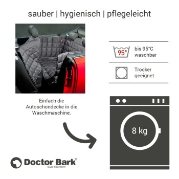 Autositzbezug von Doctor Bark, waschbar bis 95°C, trocknergeeignet, mit dem Text "Einfach die Autoschondecke in die Waschmaschine."