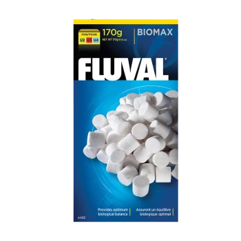 Fluval Biomax Filtermedium, 170g, mit weißen Pellets auf blauem Hintergrund. Text: "Bietet optimale biologische Balance."
