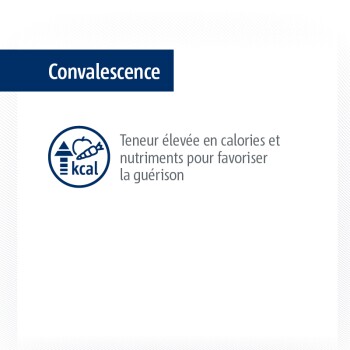 Image promouvant une nourriture pour animaux de compagnie pour la récupération, intitulée "Convalescence," mettant en avant sa haute teneur en calories et en nutriments.