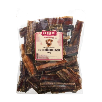 Eine klare Plastiktüte gefüllt mit getrockneten Rindfleischstreifen, beschriftet mit "DIBO Rinderdörrfleisch 500 g," was anzeigt, dass es sich um 100% schonend getrocknetes Fleisch handelt.