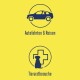 Symbole, die Haustierreisen und Tierarztbesuche darstellen, mit dem Text 'Autofahrten & Reisen' und 'Tierarztbesuche' auf einem gelben Hintergrund.