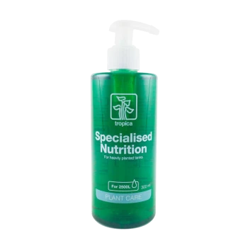 Zielona butelka Tropica Specialised Nutrition do mocno zarośniętych zbiorników, 300 ml, z dozownikiem i etykietą 'Pielęgnacja roślin'.