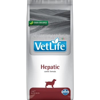 Farmina Hepatic 12 kg VetLife Hepatic Hundefutterbeutel, 12kg, mit einem grünen Etikett, das "Futter für Hunde mit besonderen Ernährungsbedürfnissen" angibt.