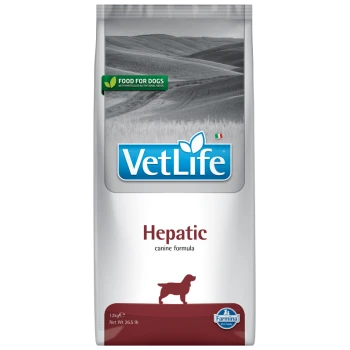 Torba z jedzeniem dla psów VetLife Hepatic, 12kg, z zieloną etykietą mówiącą 'Karma dla psów z szczególnymi potrzebami żywieniowymi.'