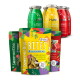 Bunte SmoothieDog-Bites-Tüten und SmoothieDog-Fläschchen mit den Aufschriften Lamm, Huhn, Rind, gefriergetrocknete Hundesnacks.