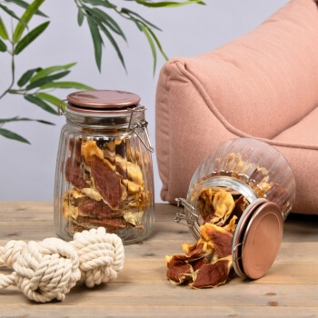 Zwei Glasbehälter gefüllt mit Haustierleckereien, einer umgekippt und zeigt getrocknete Fleischsnacks. Eine sanft rosa Couch und ein Seilspielzeug sind im Hintergrund.