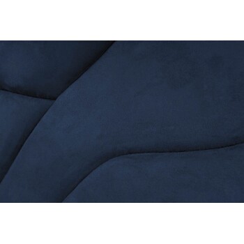 Nahaufnahme eines weichen, dunkelblauen Hundebettstoffs mit glatter Textur und geschwungenem Design.