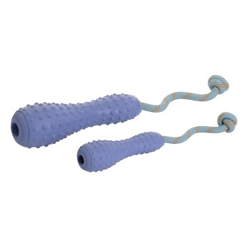 Zwei Hundespielzeuge werden gezeigt: ein großes lila Gummispielzeug mit strukturierter Oberfläche und ein kleineres, beide an blauen und orangefarbenen Seilen befestigt.