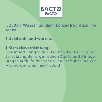 Anleitung: 250ml Wasser mit Konzentrat mischen, schütteln und warten. Bietet langanhaltende Geruchskontrolle durch mikrobiologische Wirkung.