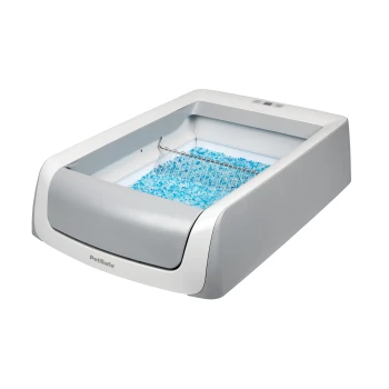 Automatische Katzenstreu-Box mit blauen Kristallstreu und einer Metallgabel, mit einem eleganten grauen und weißen Design.