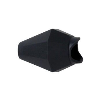 Schwarzes Haustierpflegewerkzeug mit geometrischem Design, mit einer breiten Öffnung an einem Ende für eine einfache Verwendung.