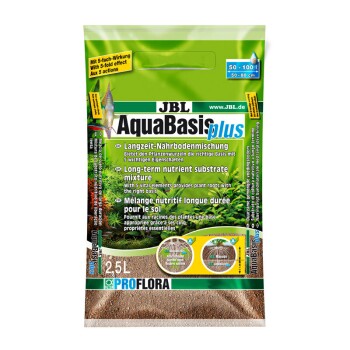 Ein 2,5-Liter-Beutel JBL AquaBasis plus, eine langfristige Nährstoffsubstratmischung für Wasserpflanzen, mit Text in Deutsch, Englisch und Französisch.