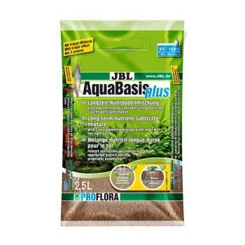 Ein 2,5-Liter-Beutel JBL AquaBasis plus, eine langfristige Nährstoffsubstratmischung für Wasserpflanzen, mit Text in Deutsch, Englisch und Französisch.