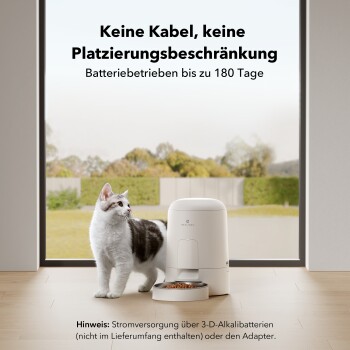 Katze neben einem weißen automatischen Haustierfutterspender mit Trockenfutter, deutscher Text über kabellosen, batteriebetriebenen Betrieb bis zu 180 Tagen.