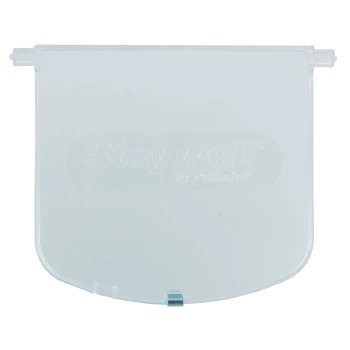 Clapet de porte pour animaux en plastique transparent avec le logo embossé "Staywell® by PetSafe®", conçu pour un accès facile aux animaux.
