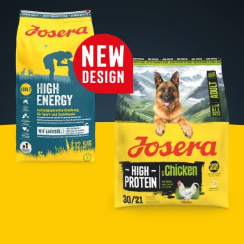 Josera-Logo auf einem gelben runden Abzeichen mit Bäumen und dem Text 'CO2', mit dem Satz 'KLIMANEUTRALE PRODUKTION' am unteren Rand.