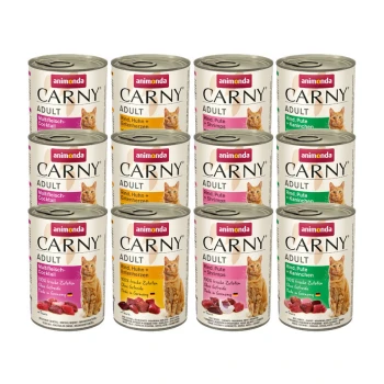 Carny Nassfutter Katze Adult, Mixpaket Fleischauswahl 12x400 g Mixpaket 2 12 Dosen Animonda Carny Adult Katzenfutter in verschiedenen Geschmacksrichtungen, jede mit einem Katzenbild und "100% frische Zutaten."