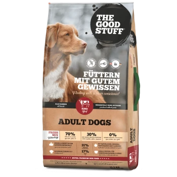 Eine Hundefuttertüte mit einem Golden Retriever, beschriftet mit "THE GOOD STUFF," und deutschem Text "FÜTTERN MIT GUTEM GEWISSEN."