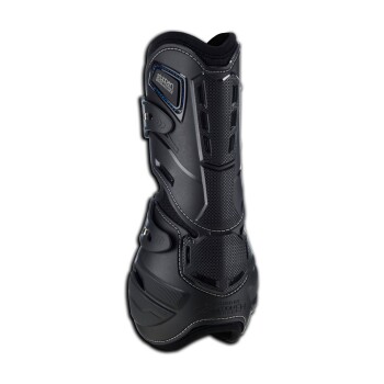 Schwarzer Haustierstiefel mit einem eleganten Design, ausgestattet mit verstellbaren Riemen und strukturierten Paneelen für Halt und Schutz.