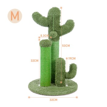 Mittlerer grüner kaktusförmiger Katzenkratzbaum mit in Zentimetern beschrifteten Maßen auf rundem Sockel.