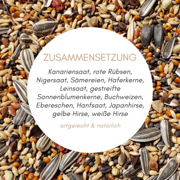 Nahaufnahme einer Vogelfuttermischung mit weißem, rundem Etikett, das Zutaten auf Deutsch aufführt, Überschrift 'ZUSAMMENSETZUNG' und 'artgerecht & natürlich'