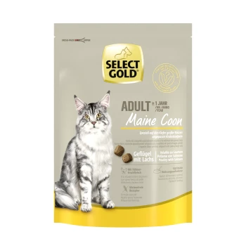 Cat food package featuring a Maine Coon cat, labeled "SELECT GOLD ADULT Maine Coon," with text about special kibble shape and ingredients.