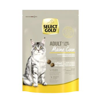 Cat food package featuring a Maine Coon cat, labeled "SELECT GOLD ADULT Maine Coon," with text about special kibble shape and ingredients.