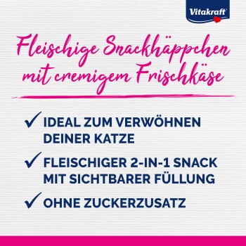 Fleischige Snackhäppchen mit cremigem Frischkäse für Katzen, ideal zum Verwöhnen, 2-in-1 Snack mit sichtbarer Füllung, ohne Zuckerzusatz.
