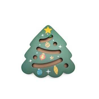 Green cardboard Christmas tree cat toy with cut-out paths and hanging ornament designs.