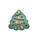Green cardboard Christmas tree cat toy with cut-out paths and hanging ornament designs.